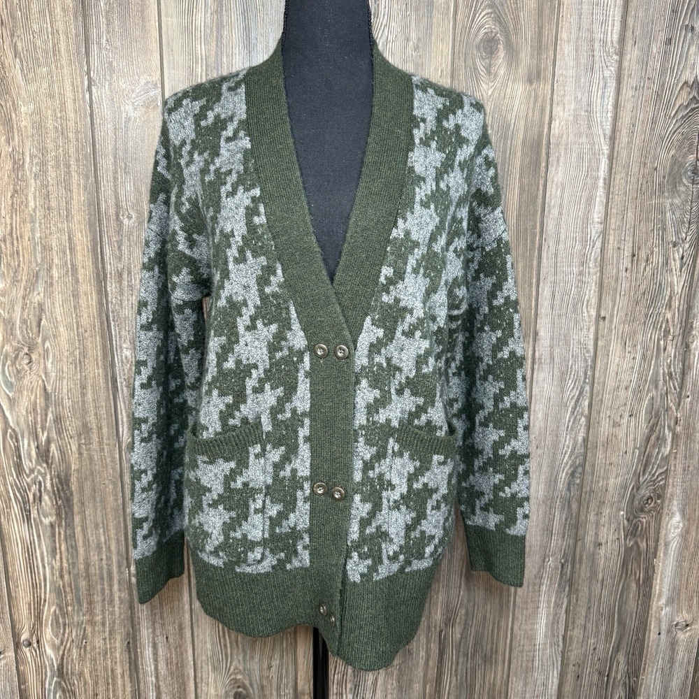 Madewell Allston Sweater Cardigan Womens‎ S Oversized Houndstooth Green Gray